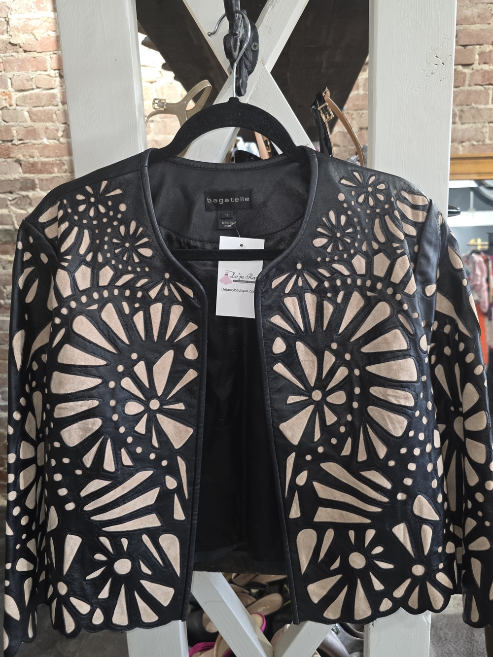 BAGATELLE Black & Beige Laser-Cut Leather Jacket